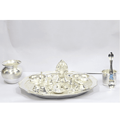 Mandhhiram Brand German Silver Pooja Article Set (Contains 9 Items)