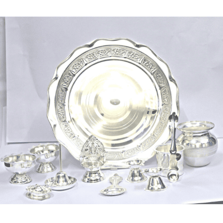 Mandhhiram Brand German Silver Pooja Article Set (Contains 9 Items)